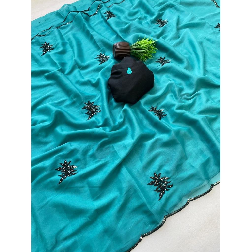 NEUER START | Reichhaltiger Stern-Georgette-Weichseiden-Sari mit floraler Stickerei & Cutwork-Bordüre