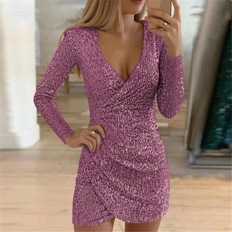 2026 Nuova Collezione Autunnale Mini Abito Sexy Scollo a V Abito Scintillante Design Unico con Sacca Moda Donna