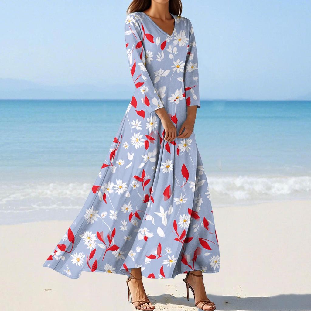 Women's Fashion V-Neck Floating Beach Dresses Seven Sleeve Floral Printed Dresses