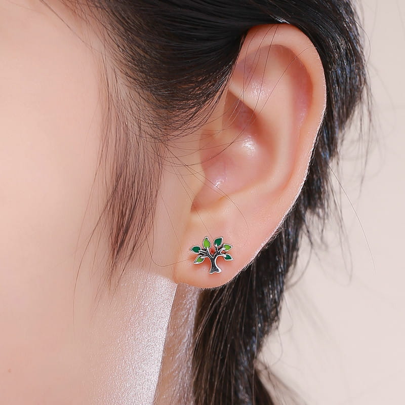 Silver Earrings Green TREES Studs Silver 925 As a Gift