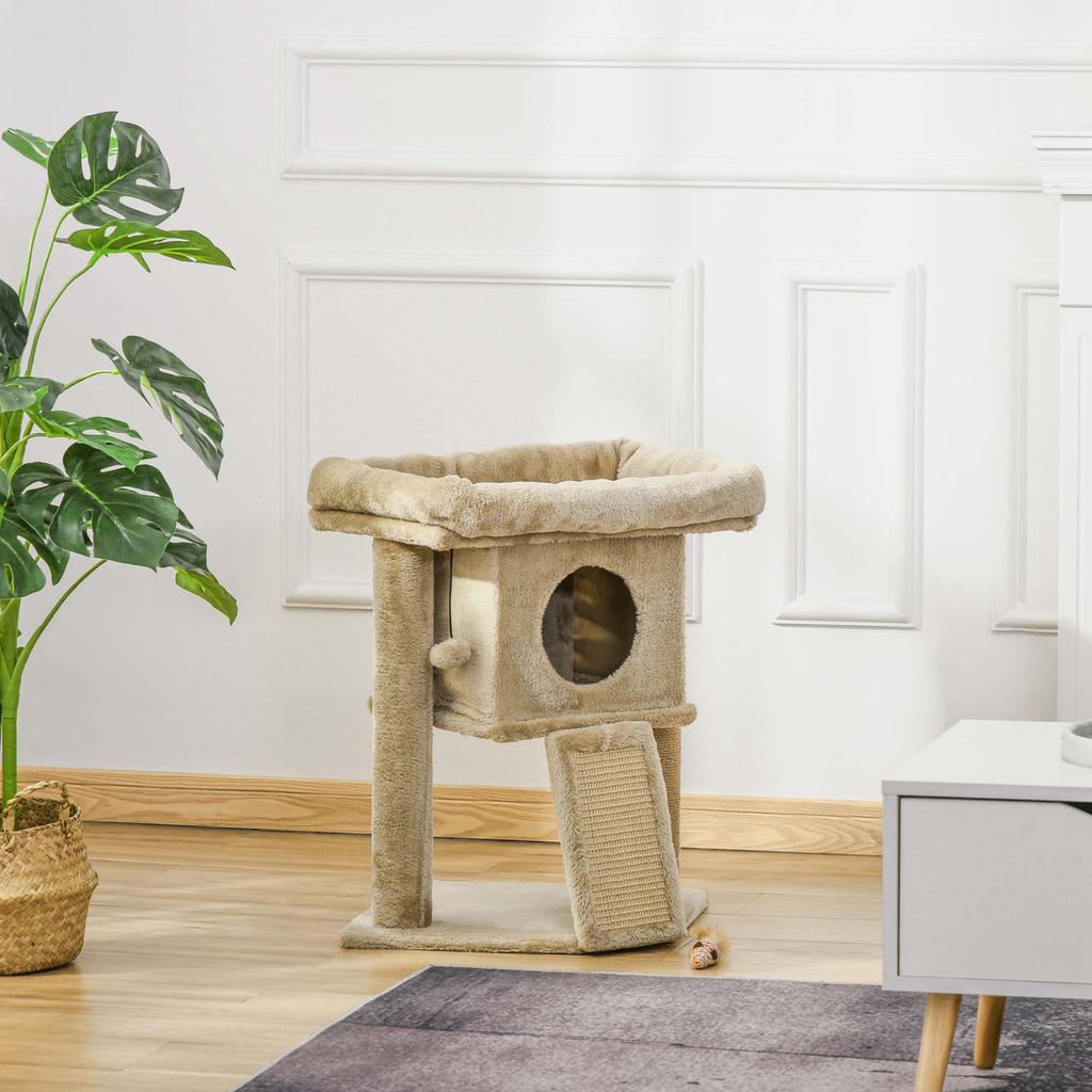 Plush Cat Tree with Cat House and Bed, Jute Scratching Post and Ball, Brown