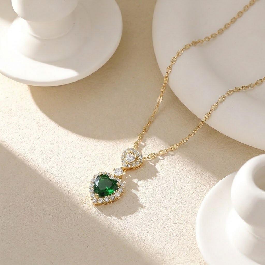 European Retro Titanium Heart Gemstone Pendant Clavicle Necklace for Women