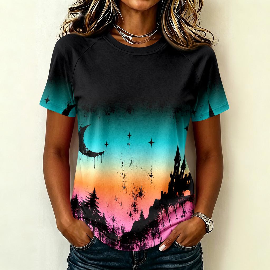 Womens Raglan Sleeve Casual T Shirt Halloween Print Short Sleeve Top Crew Neck Comfortable Fit Lightweight Fabric