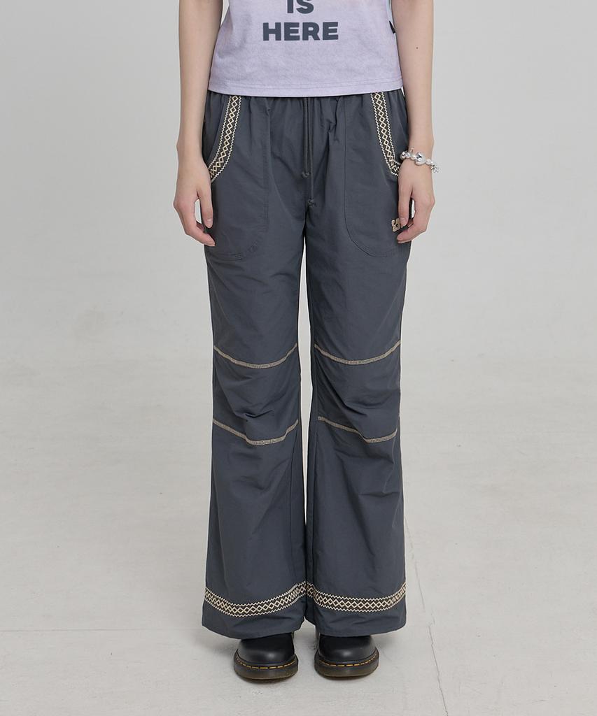 WAIKEI Lace Embroidered Bootcut Cotton Pants Charcoal