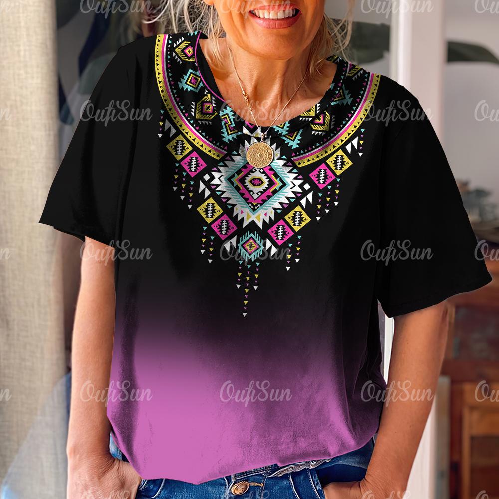 Retro Women's T Shirt Ethnic Pattern Print Summer Short Sleeve Oversized Clothing Street Casual O Neck Pullover Female T-Shirts