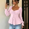 Women's Sexy V-Neck Drawstring Shirred Long Sleeve Top Color