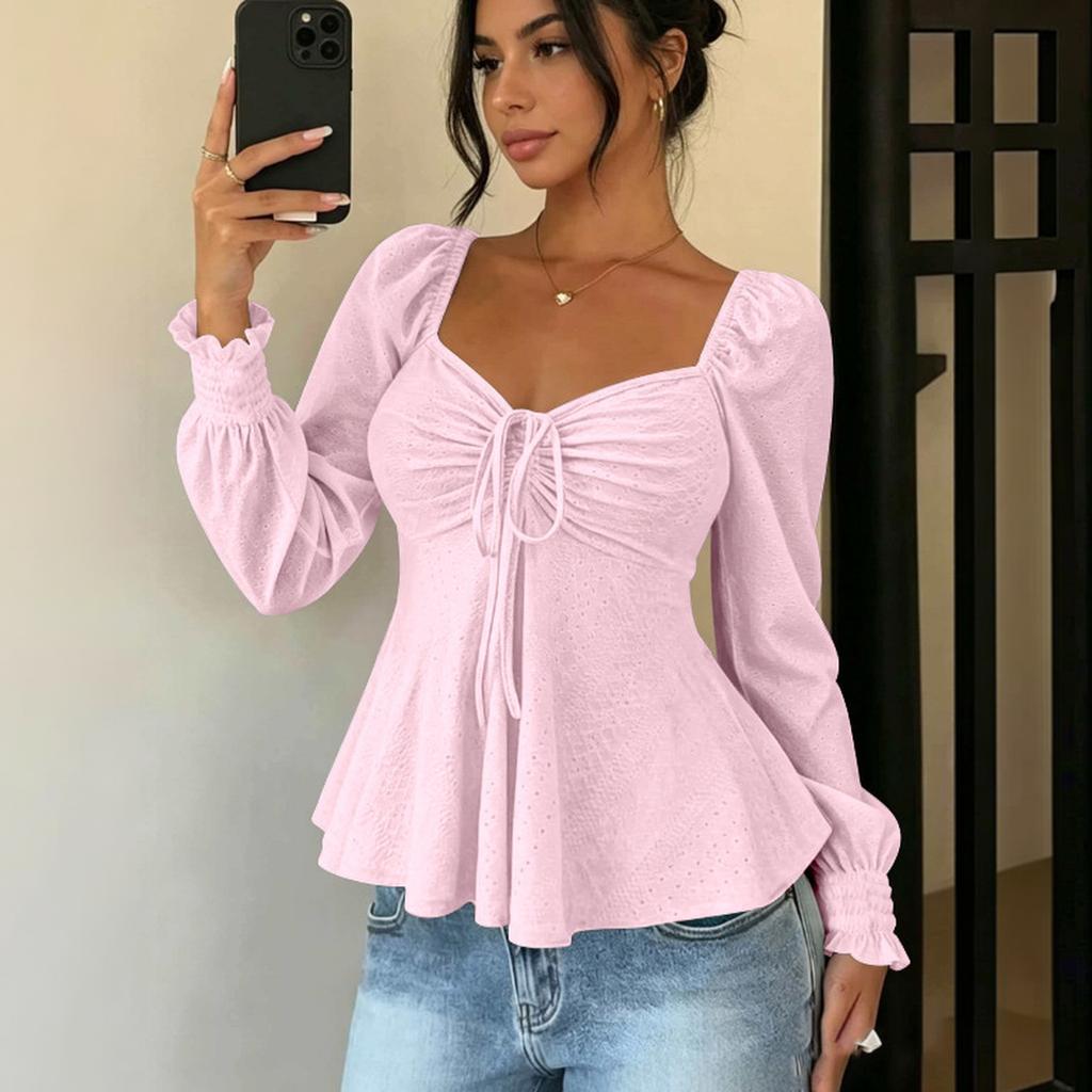 Women's Sexy V-Neck Drawstring Shirred Long Sleeve Top Color
