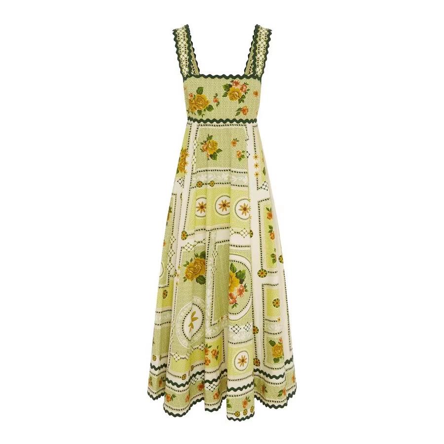 European and American New Linen Loose Waist Suspender Lace Pendulum Dress Women