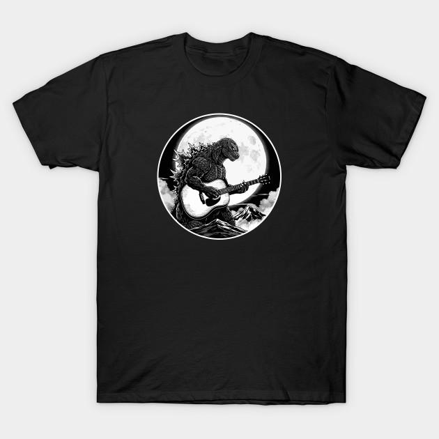 Men Black Print T-shirt Godzilla Playing Guitar No-Cut Transfer Paper Print Cotton Tshirt S чёрный