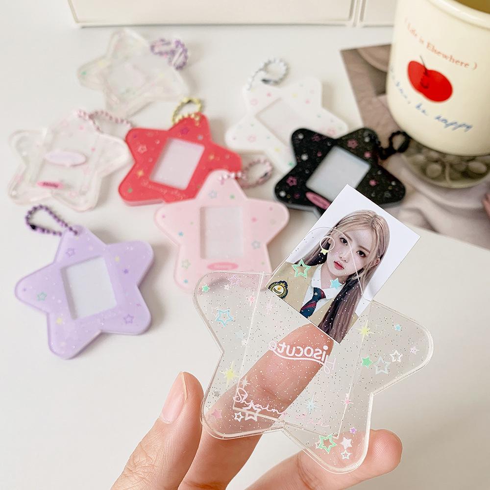 Glitter Star Card Holder with Keychain Acrylic 1-Inch Photocard Holder ID Card Case Student Kpop Idol Photo Card Bag