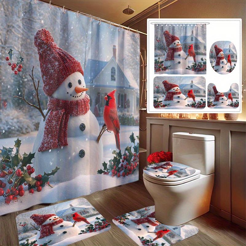 

4pcs Winter Snow Fun Print Shower Curtain Set, Decorating Bathroom Set Includes Shower Curtain, Non-Slip Floor Mat, Toilet Lid 90x180cm