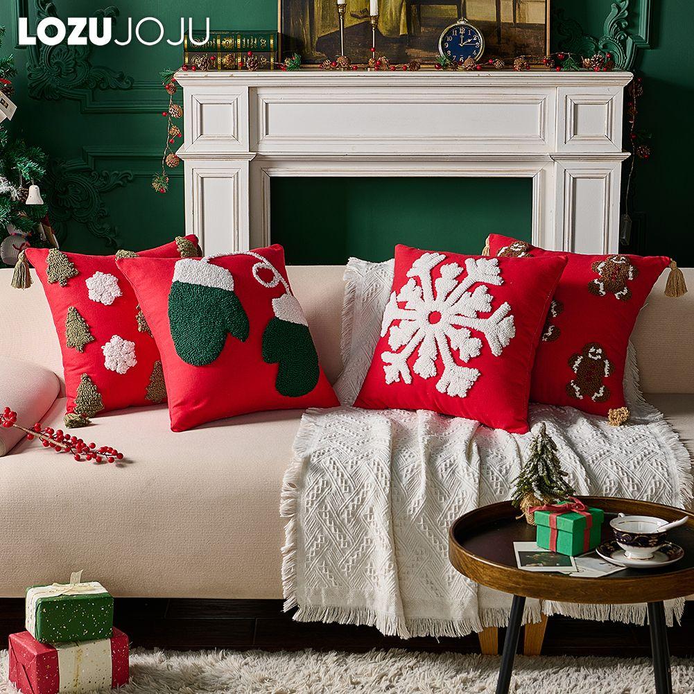1PC LOZUJOJU Fashionable and Versatile Christmas Style Red Pillowcase Plush Embroidery Soft Cushion Cover for Sofa Living Room Bedroom Home Decor