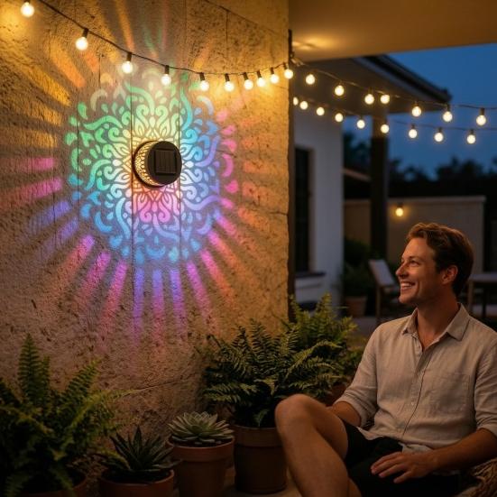 Solar Wall Light, 7 Color Changing Metal Fence Lamp with Projection, Outdoor Waterproof Garden Light for Yard Patio Column Decor