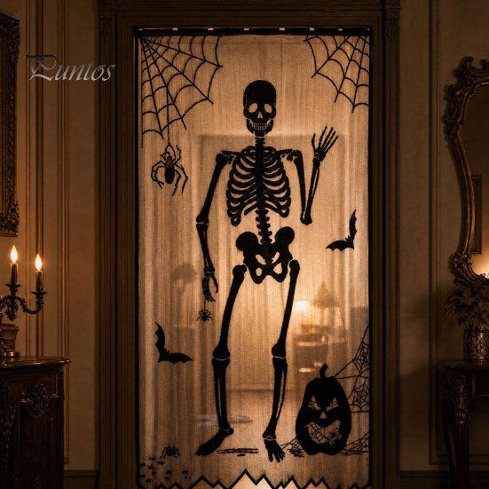 Halloween Party Table Set Door Curtain, Lace Spider Web Fireplace Cover, Scary Skeleton Witch Shrink-resistant Fabric Bat Print Window Drapes for Home