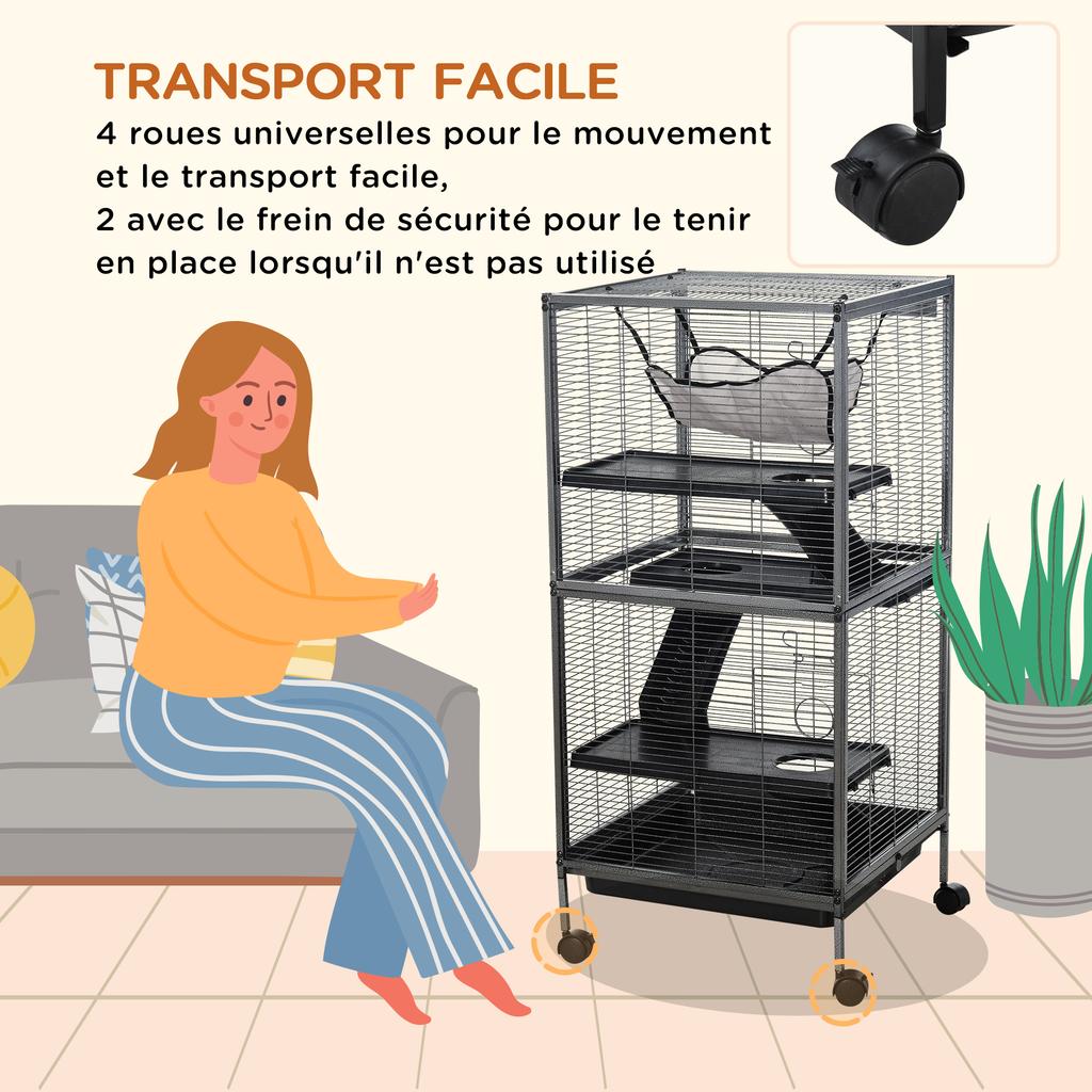 Small Animal Cage with Wheels Pet Home for Chinchillas Ferrets Kittens, with Hammock, 4 Platforms, Removable Tray, Silver