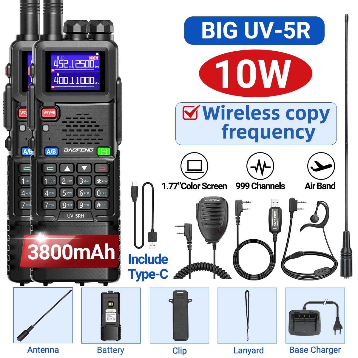 2 STuks Baofeng UV-5RH 10W Luchtband Walkie Talkie Multi Band Draadloos Frequentie Kopiëren 999 Kanalen NOAA Lange Afstand Amateur Radio Geüpgraded UV-5R US