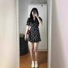 Summer French Design Sense V-neck Temperament Tea Break Flower Waist and Thin Piece Retro Black Floral Dress Women