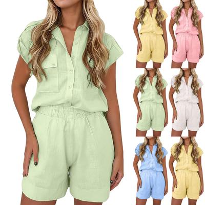 Womens  Cotton Linen Two Piece Outfits Spring Summer Shorts Set Cap Sleeve Button Down Tops And Shorts Sets