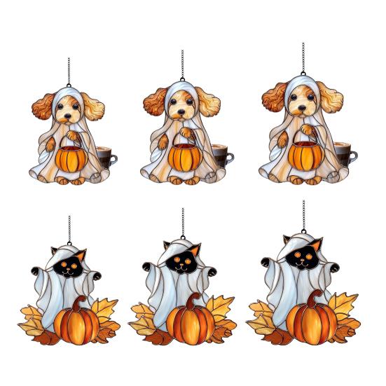 Halloween Ghost Suncatcher Colorful Dog/Cat Pattern Window Hanging Ornament with Pumpkin 2D Acrylic Suncatcher for Halloweens Decor