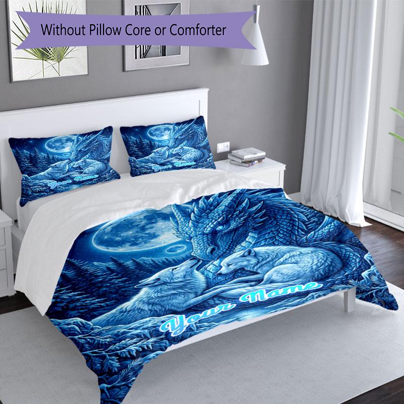 3PC Custom Name Wolf Dragon Night Bedding Set Duvet Cover Closure Includes 1 Duvet Cover & 2 Pillowcases for Bedroom