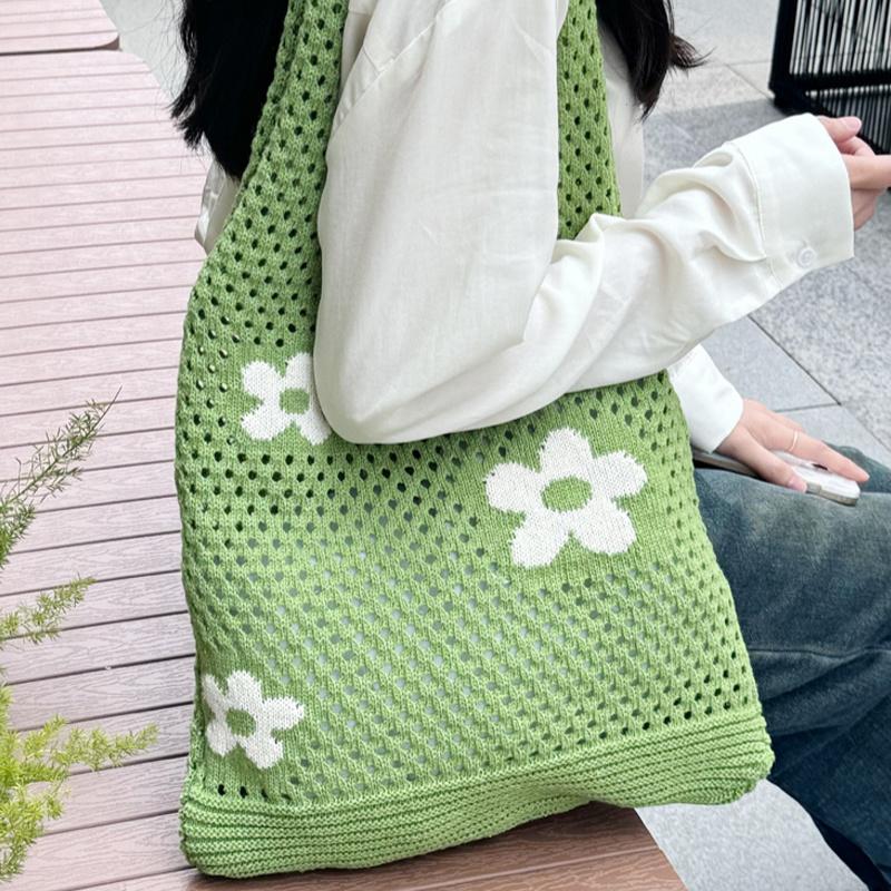 Damen-Umhängetasche mit großem Fassungsvermögen, modisches Blumenmuster, gehäkelte Tragetasche, All-Match-Tasche, süße Gürteltasche, Stricktasche