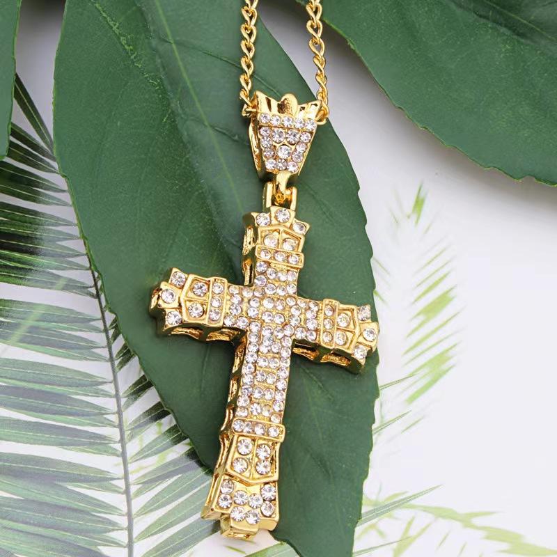 1 Simple Style MEN'S Rhinestone Christian Cross Rhinestone Pendant Necklace Personality Fashion Street Domineering Chain Jewelry