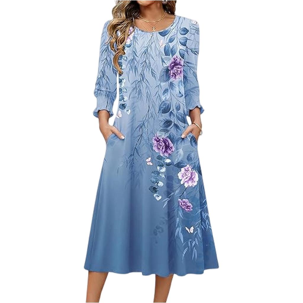 Women's Fashion Pocket Half Sleeve Floral Mid,length Casual Dress