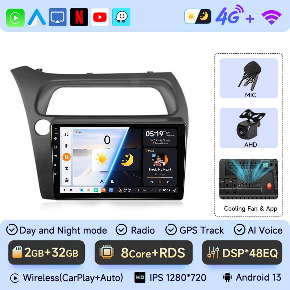 JIUYIN For Honda Civic Hatchback 2006-2011 Android 13 Car Radio Multimedia Video Navigation 2 Din Stereo DVD Head Unit  Carplay