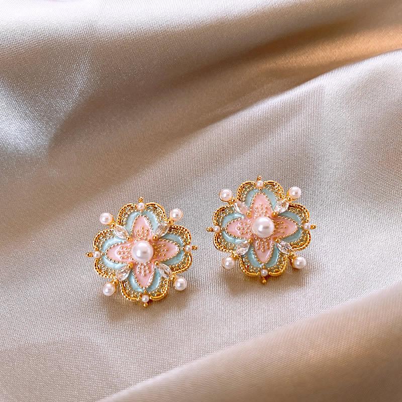 French Court Style Colored Enamel Glaze Double-layer Flower Stud Earrings Retro Pearl Design Earrings Monet Garden Decoration