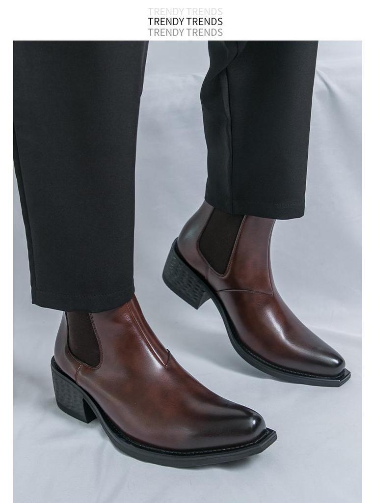 Men's Large Size Pointed Toe Leather Chelsea Boots with Thick Soles and High Heels - British Style Height Increasing Short Boots.