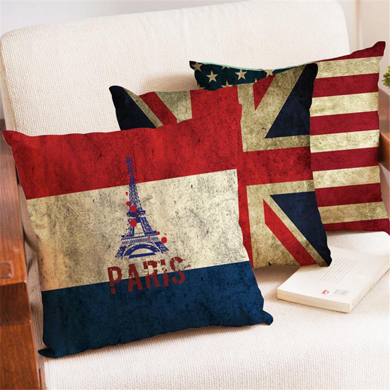 45x45cm Vintage Flag Printed Cushion Cover Pillow Case Thicken Cotton Linen Sofa Home Living Room Chair Seat Decoration