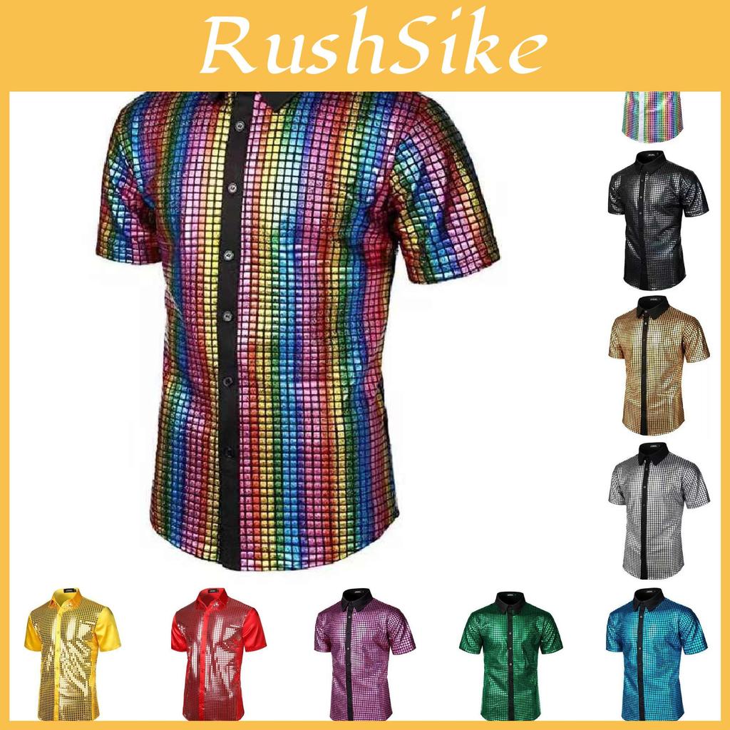 Vintage Disco Inspired Sequin Dress Shirt For Men With Polyester Fabric For Cosplay And Parties