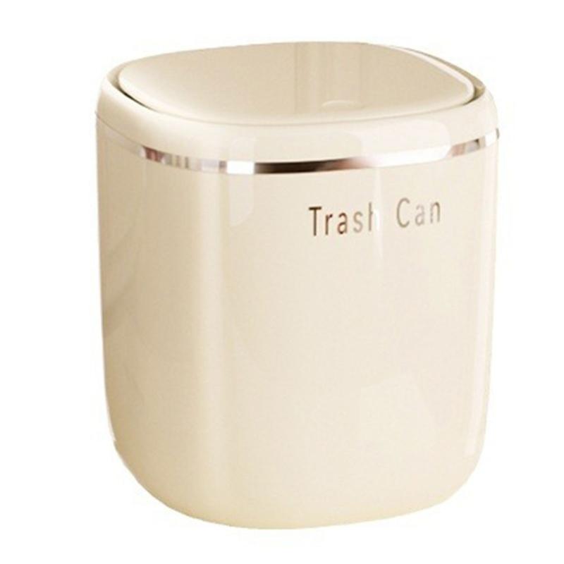 Mini Cream Flips Lid Trash Can Durable Plastic For Desk Organization In Dorm And Office With Space Saving