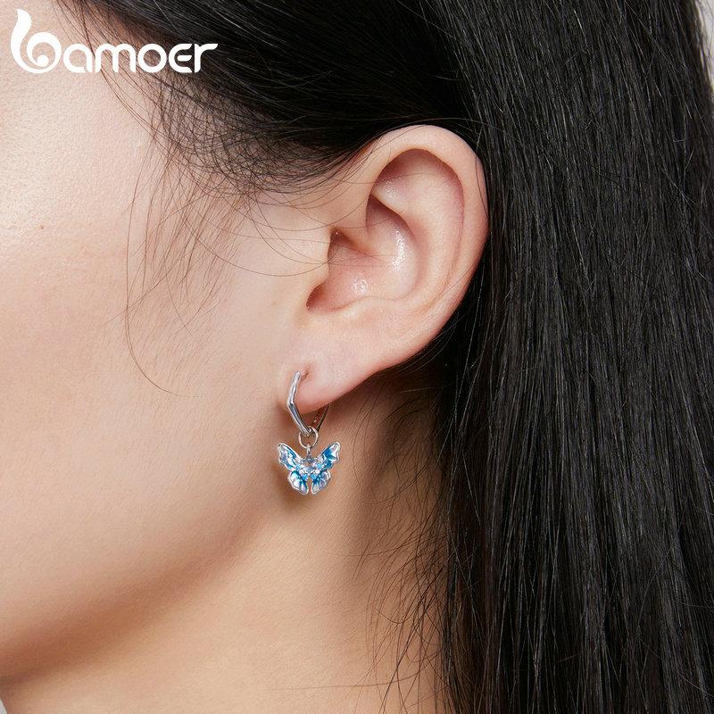 BAMOER 925 Sterling Silver Blue Butterfly Ear Buckles Heart Shape Hoop Earrings for Women Cubic Zirconia Fine Jewelry