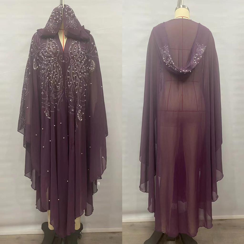 Womne Muslim Dress Embroidered Beads Abaya Dress Muslimah Hooded Robe Chiffon Kaftan Long Dress Middle East Africa Plus Size Maxi Dress