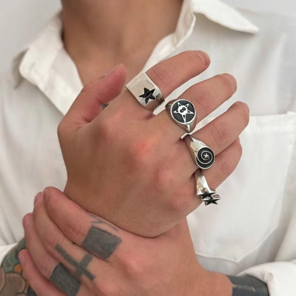 4pcs Black Five-Pointed Star Stainless Steel Rings Irregular Design Punk Couple Rings  Hiphop Style
