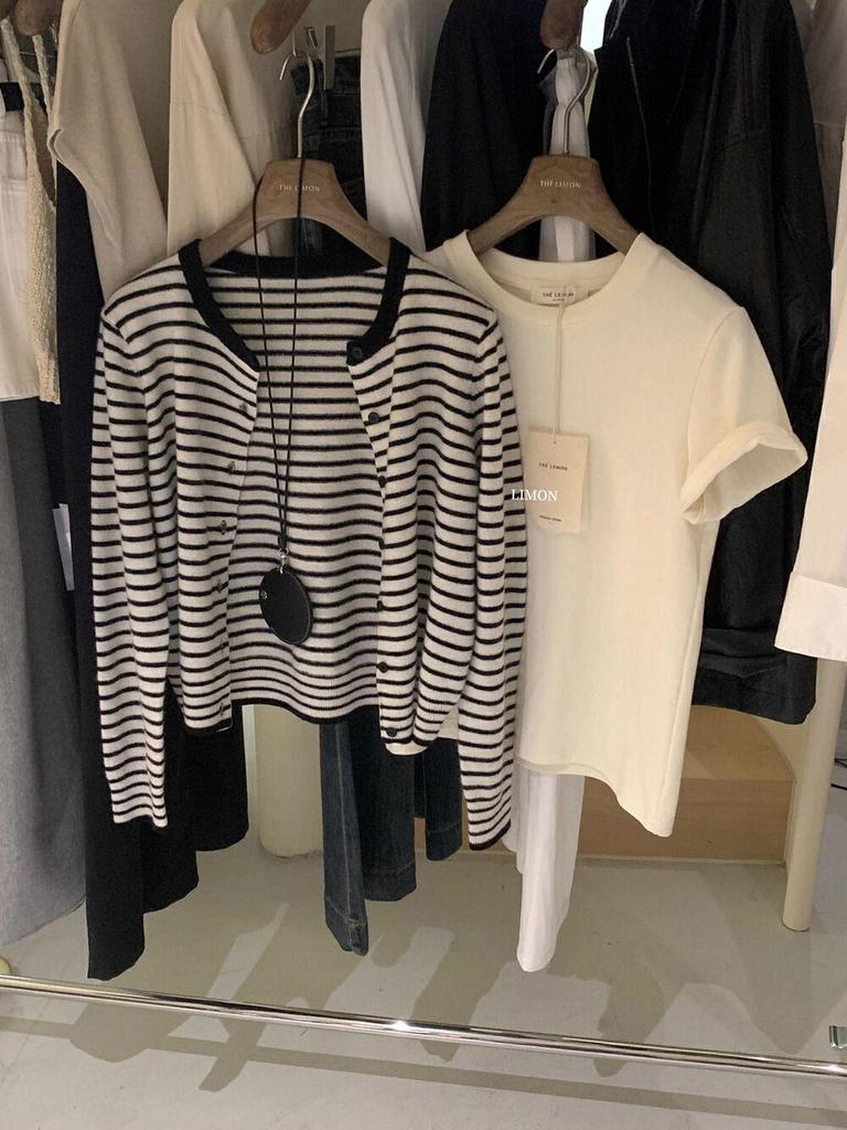 Korean High-End Black & White Striped Knit Cardigan for Women, Spring/Autumn, Inner Base Layer, Regular Shoulder, Cinched Waist, Short Top