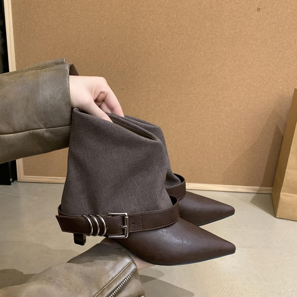 French Medium Heel Short Boots Women's Autumn and Winter Single Boots Belt Buckle Fashion Temperament Pointed High Heels Foreign Style