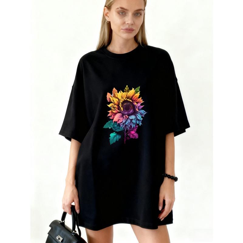 Übergroßes T-Shirt-Kleid Schwarz Regenbogen Sonnenblumen-Print Lässiger Streetwear-Stil