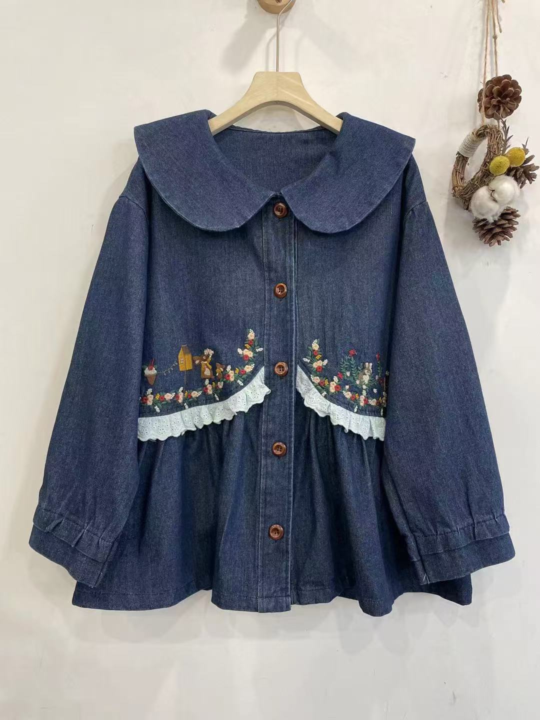 

Johnature Sweet Mori Doll Collar Denim Blouses Spring Embroidery Patch Fungus Trim Waist Tie Casual Japanese Tops One Size