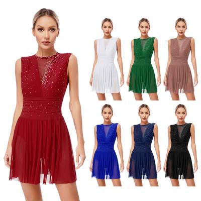 Damen Eiskunstlaufkleid Moderner lyrischer Balletttanz Trikot Tutu Ärmellos Glänzender Strass Gymnastik Performance Tanzbekleidung