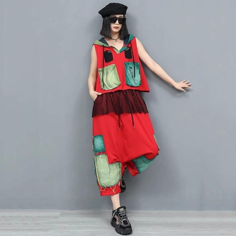 XITAO Patchwork Pocket Contrast Color Hooded Matching Set GYX1650