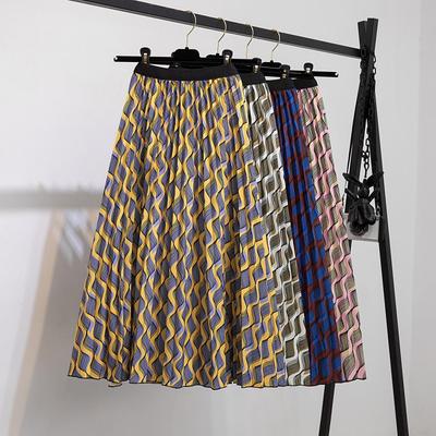 Women Spring Fall High Waist Wardrobe Printed All Match Pleated Skirt