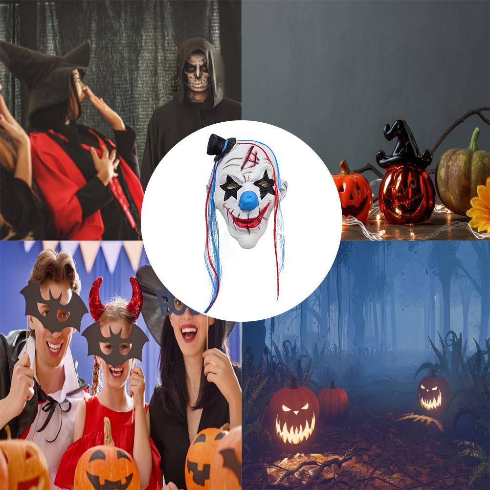 Halloween Clown Gesichtsbedeckung mit Haaren und Hut Horror Latex Gesichtsbedeckung für Erwachsene Halloween Kostümparty Requisiten