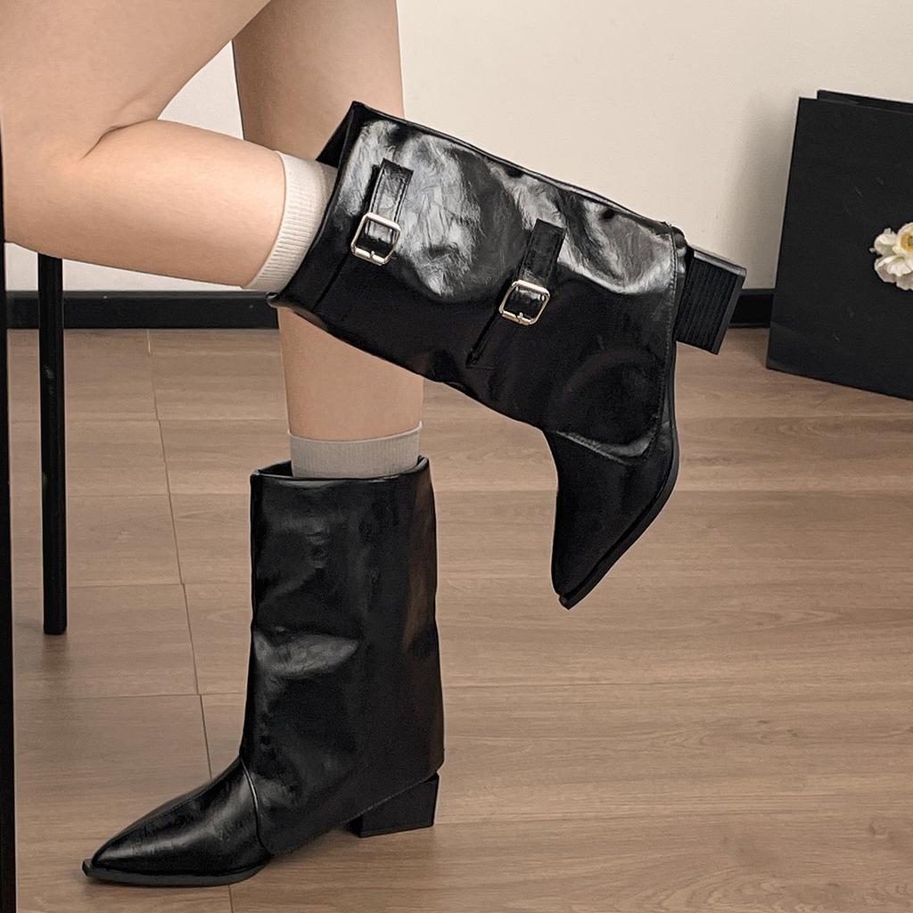 Brown Maillard versatile pointed thick heel short boots children 2025 new autumn height-increasing and thin retro trouser boots