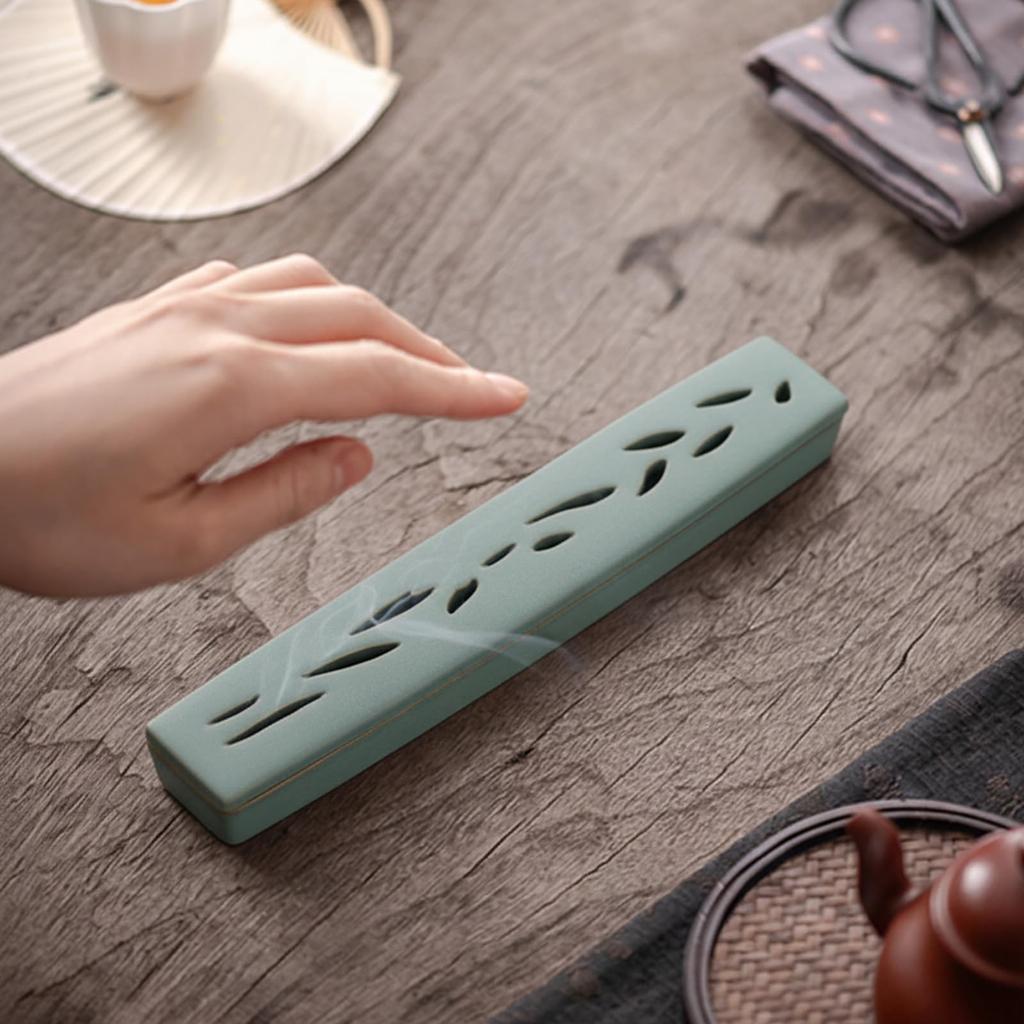 Ceramic Incense Burner with Lid, Horizontal Incense Holder, Buddhist Altar Accessories (Blue)