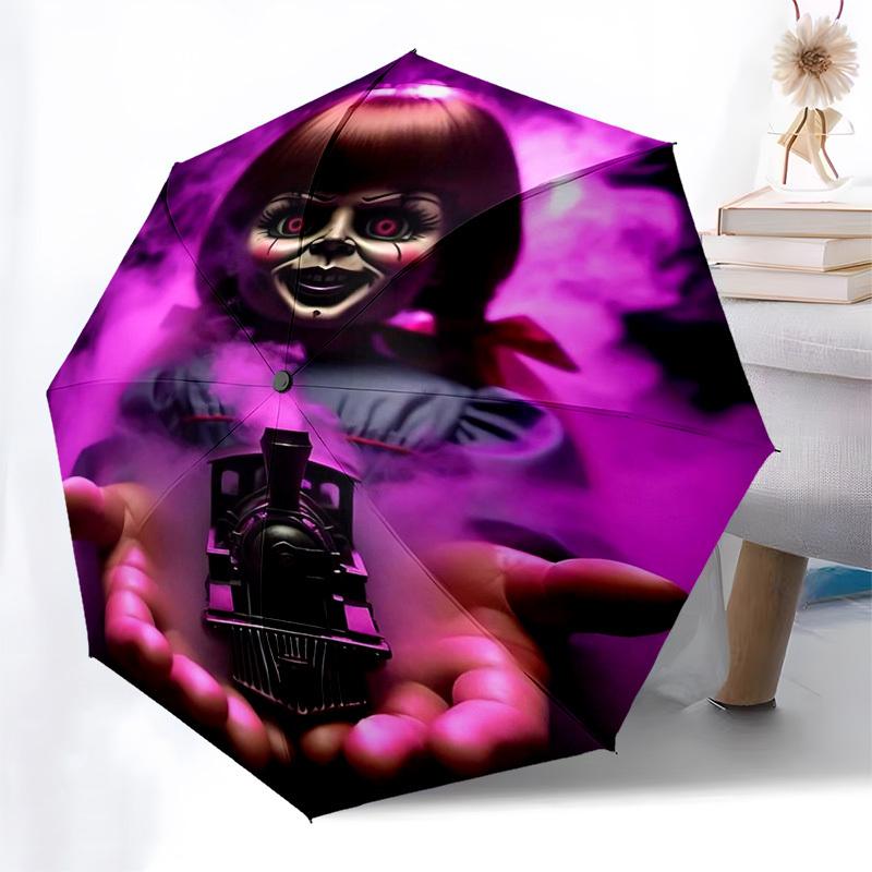 

1pc Annabelle s Mini Train Figurine with Automatic Folding Umbrella - Portable 3-Fold Design, 8-Bone Iron Frame Outdoor Umbrella, Perfect Gift for Fan