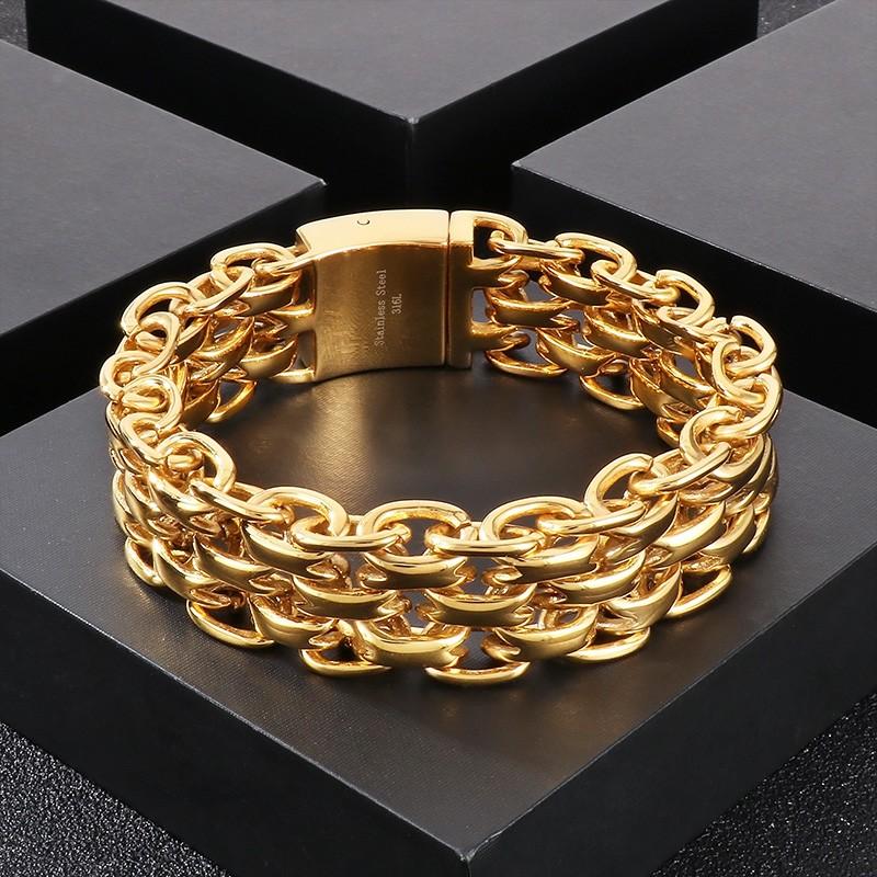 Hip Hop Stainless Steel Three Layer Link Chain Bracelet Men's Gold Color O-Shaped Chunky Bracelets Larger Polished Wist Jewelry