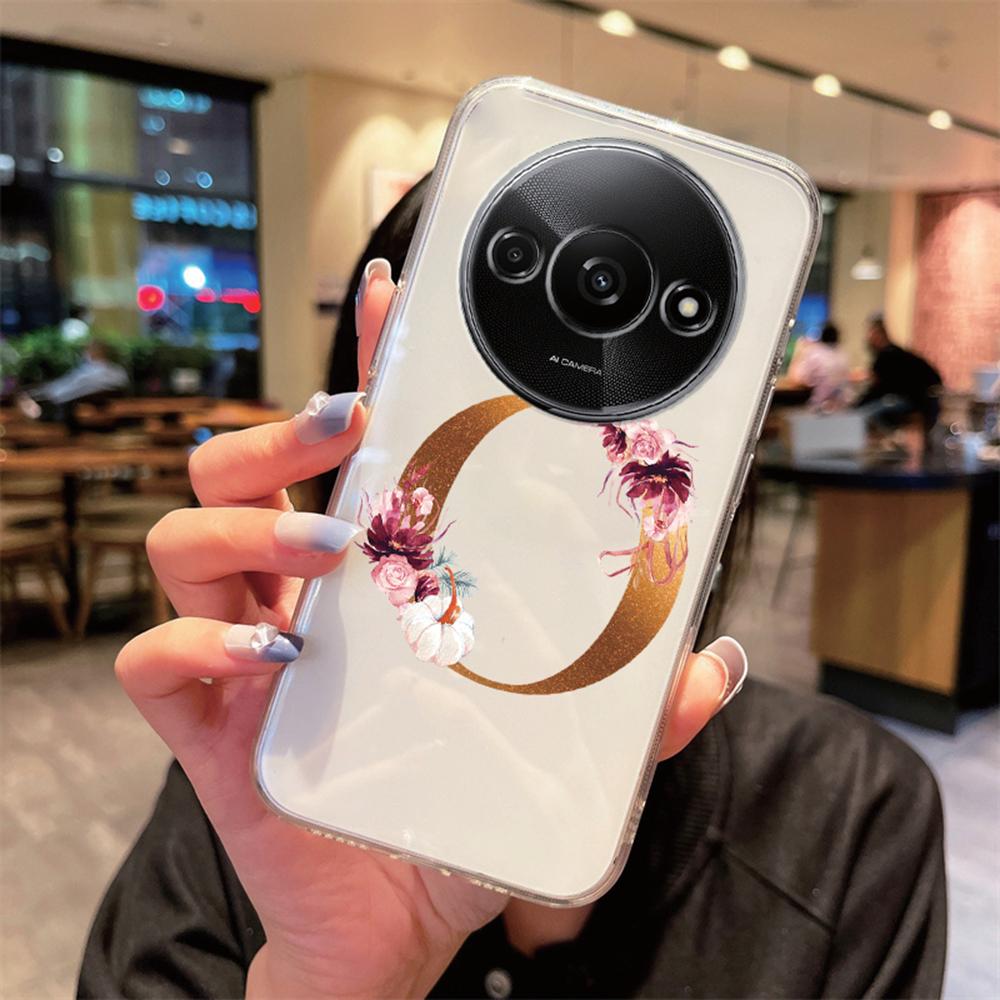 Phone Case For Xiaomi Redmi A3 Redmia3 Transparent Silicone Camera Protection Colorful Flowers Golden Letters A-Z Clear Cover