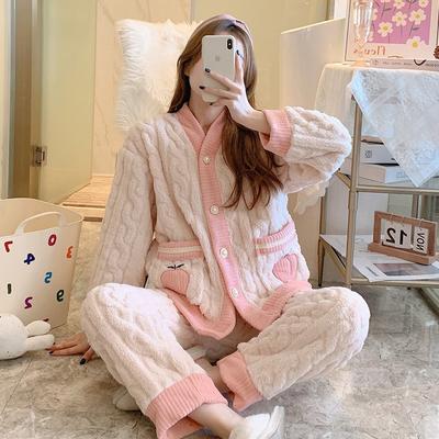 Winter Warmer Samt Damen Pyjama Set Bär Buchstaben Muster Lässig Hausanzug